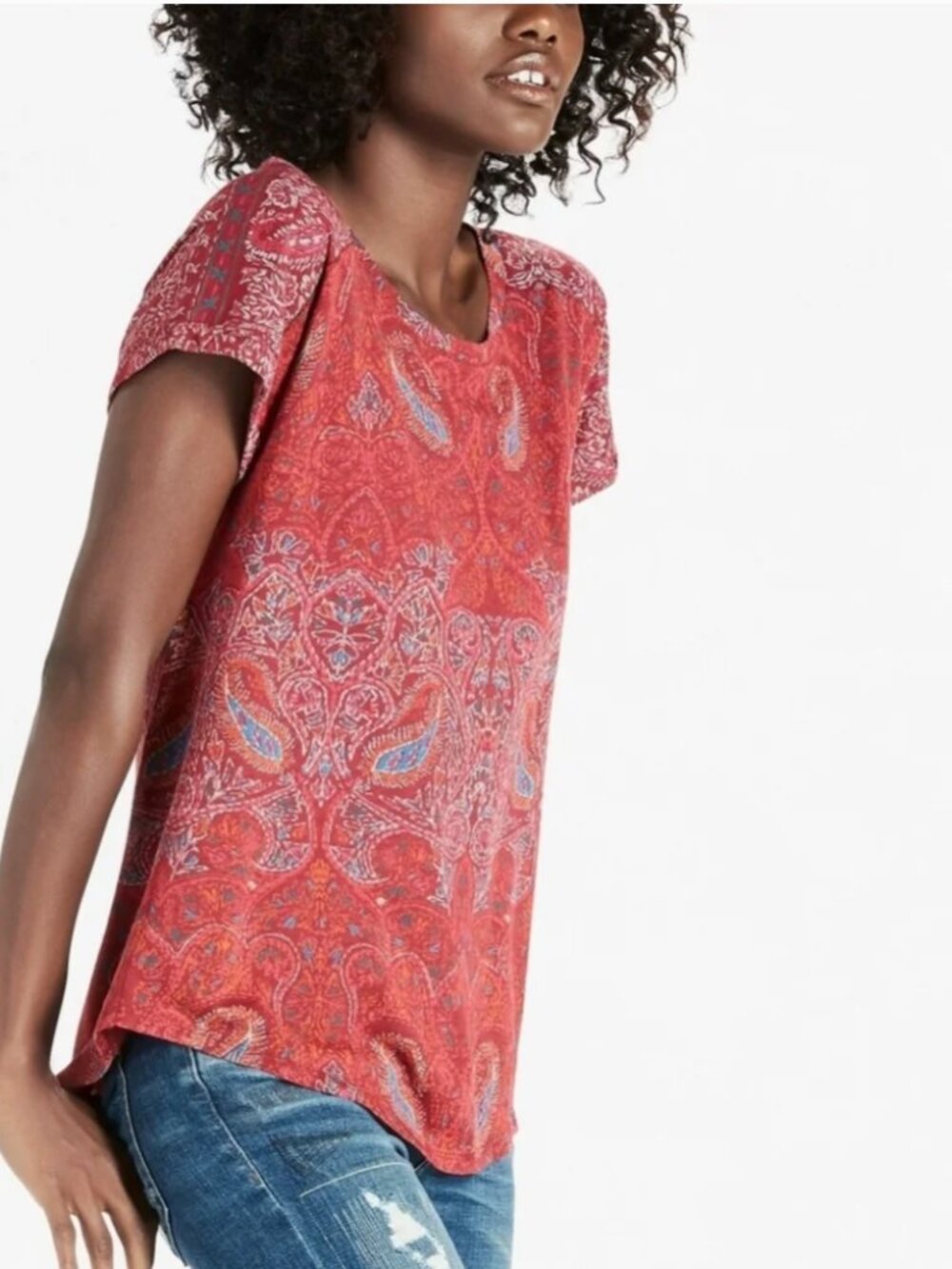 SOLD !!  Lucky Brand Women's Red Paisley Printed Short Sleeve Split Back